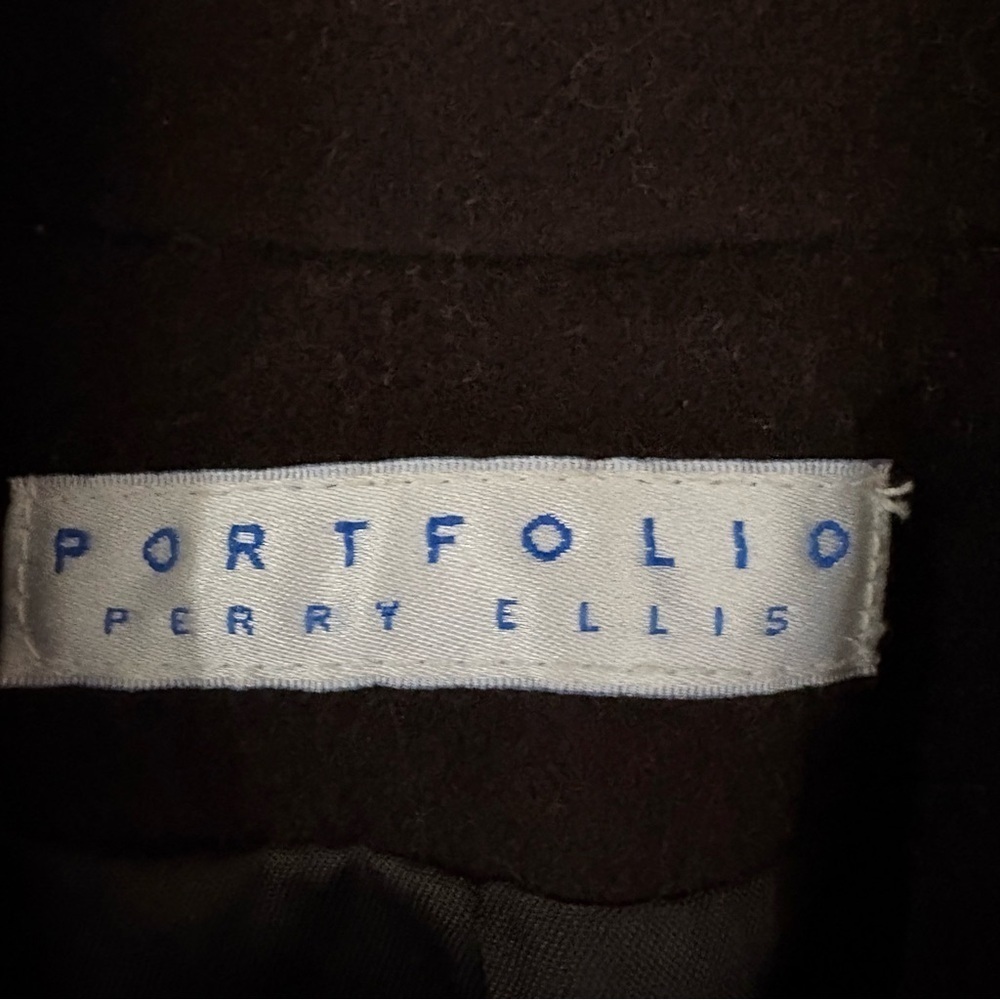 Vtg Perry Ellis Portfolio Pea Coat Brown 100% Merino Wool Size 4P Made USA - Picture 8 of 12